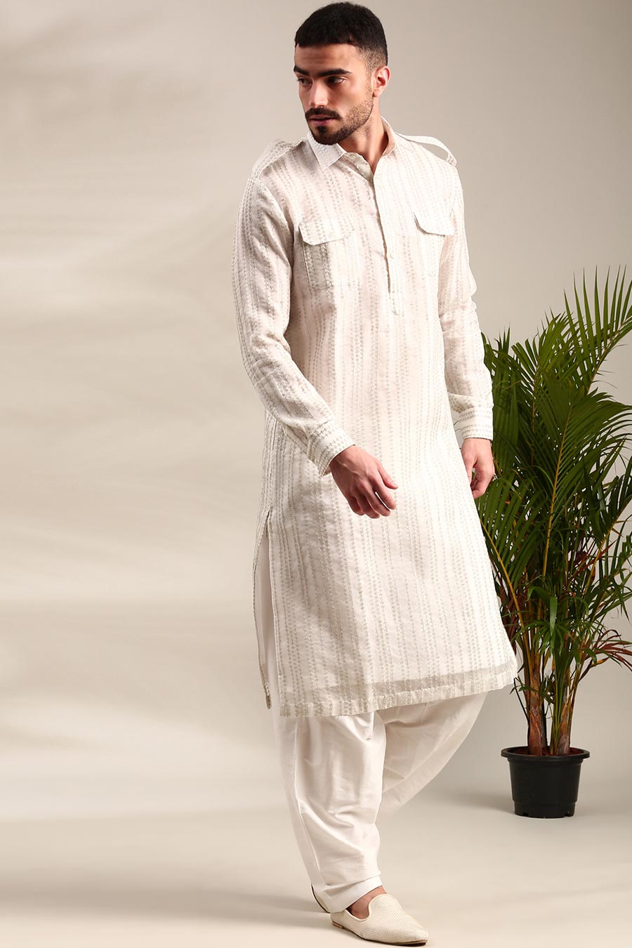 Ivory Embroidered Pathani Set