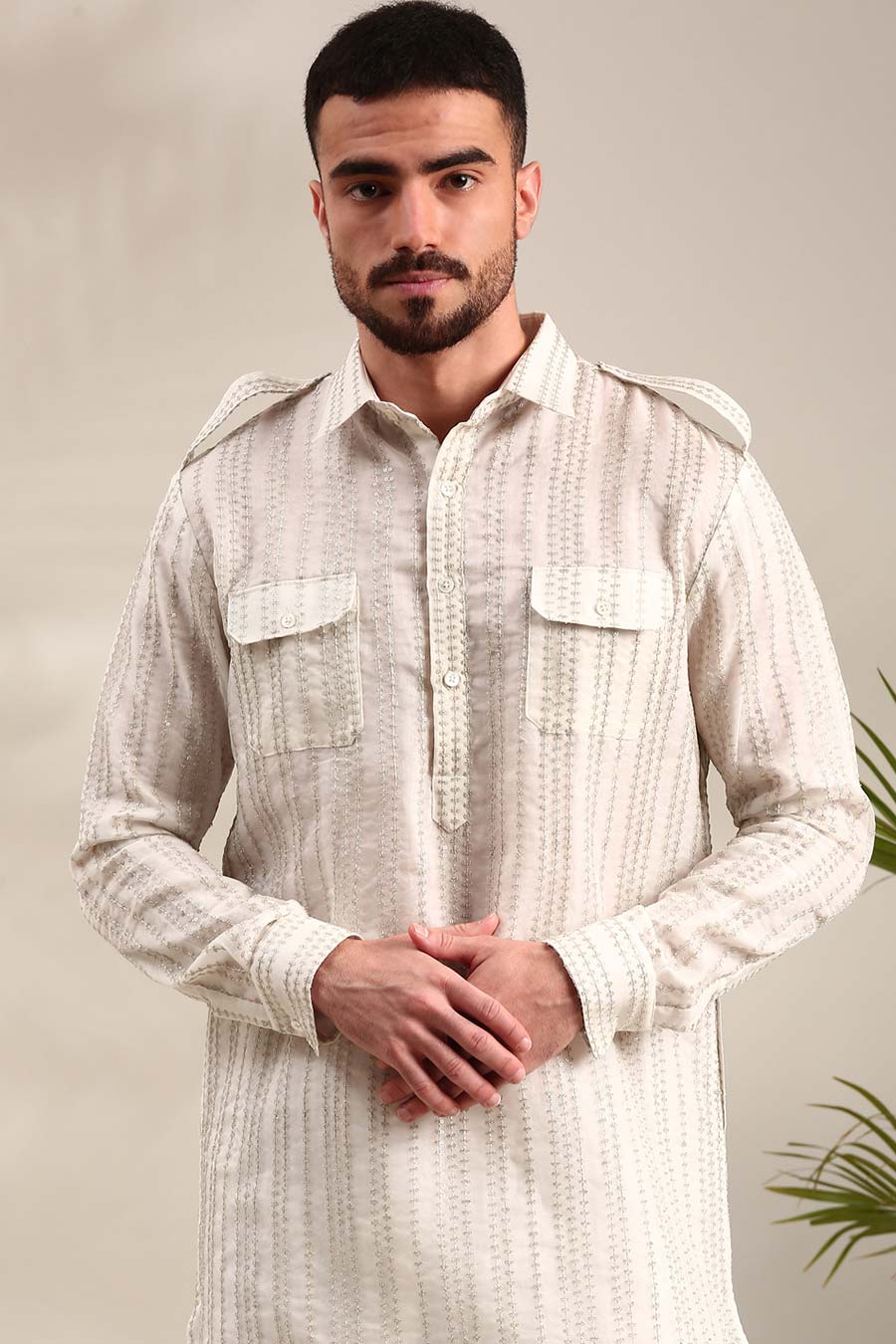 Ivory Embroidered Pathani Set