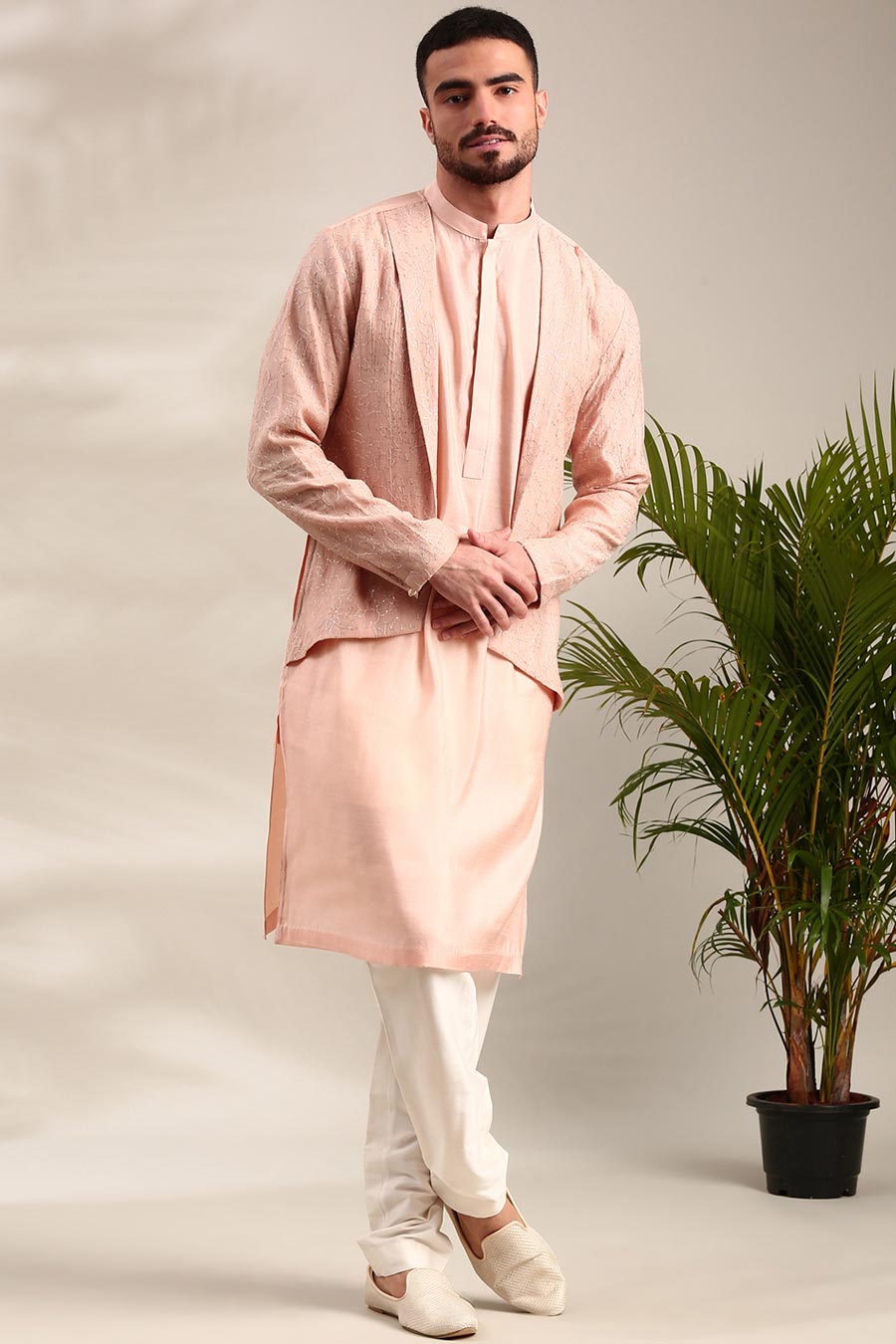 Pink Chanderi Kurta Set With Embroidered Jacket