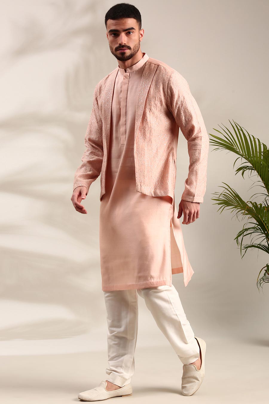 Pink Chanderi Kurta Set With Embroidered Jacket