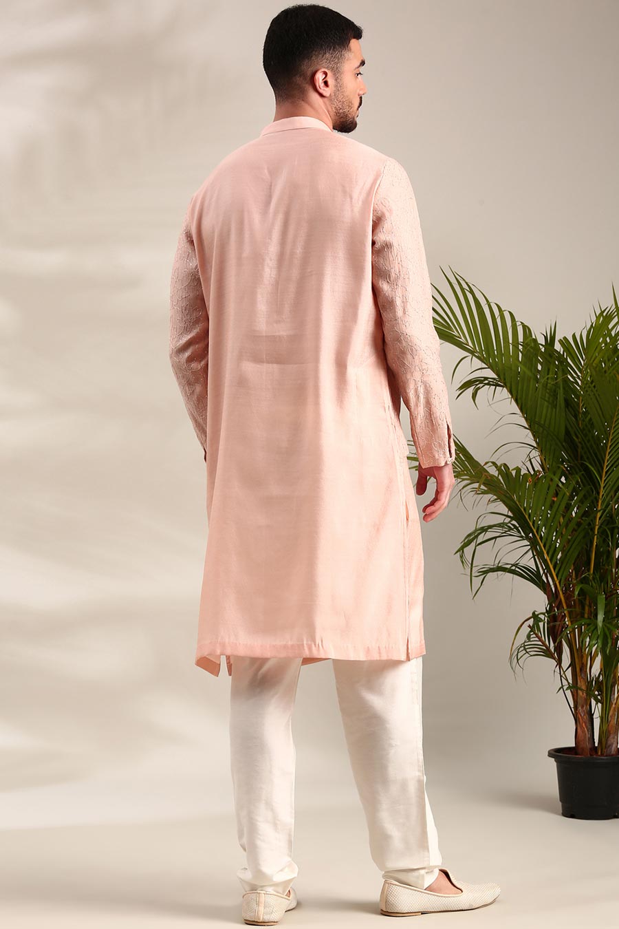 Pink Chanderi Kurta Set With Embroidered Jacket