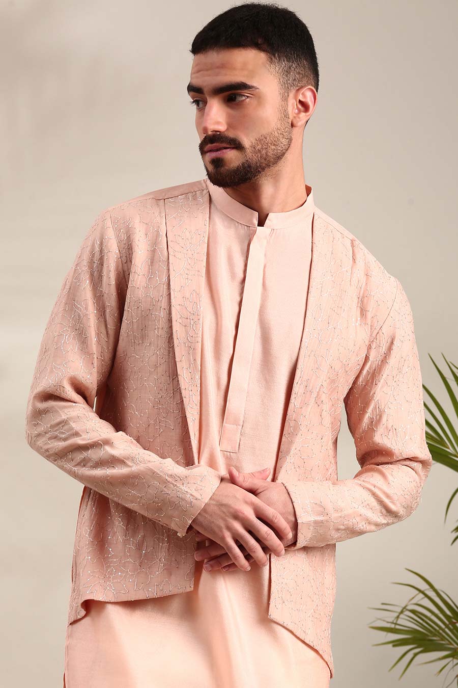Pink Chanderi Kurta Set With Embroidered Jacket