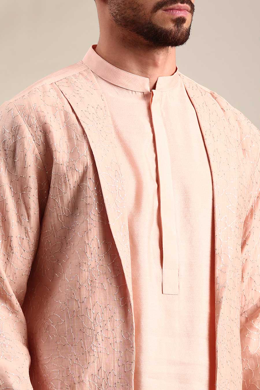 Pink Chanderi Kurta Set With Embroidered Jacket