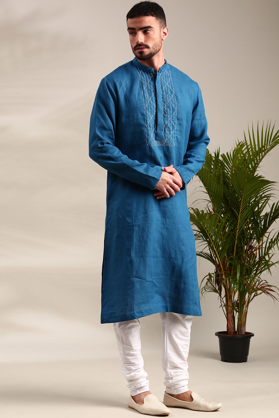 Blue Linen Kurta Set