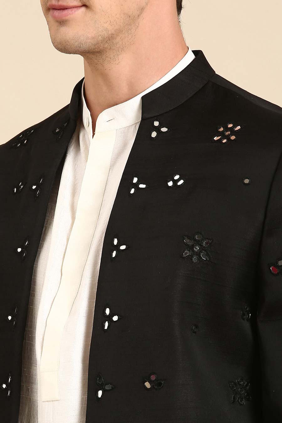 Black Mirror Embroidered Long Open Jacket