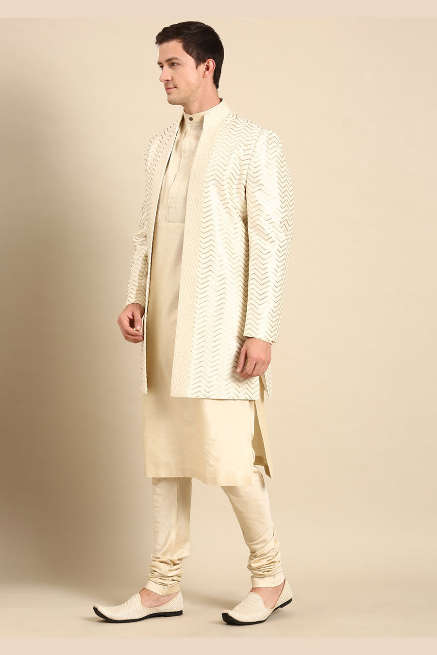 Ivory Chanderi Silk Long Open Jacket
