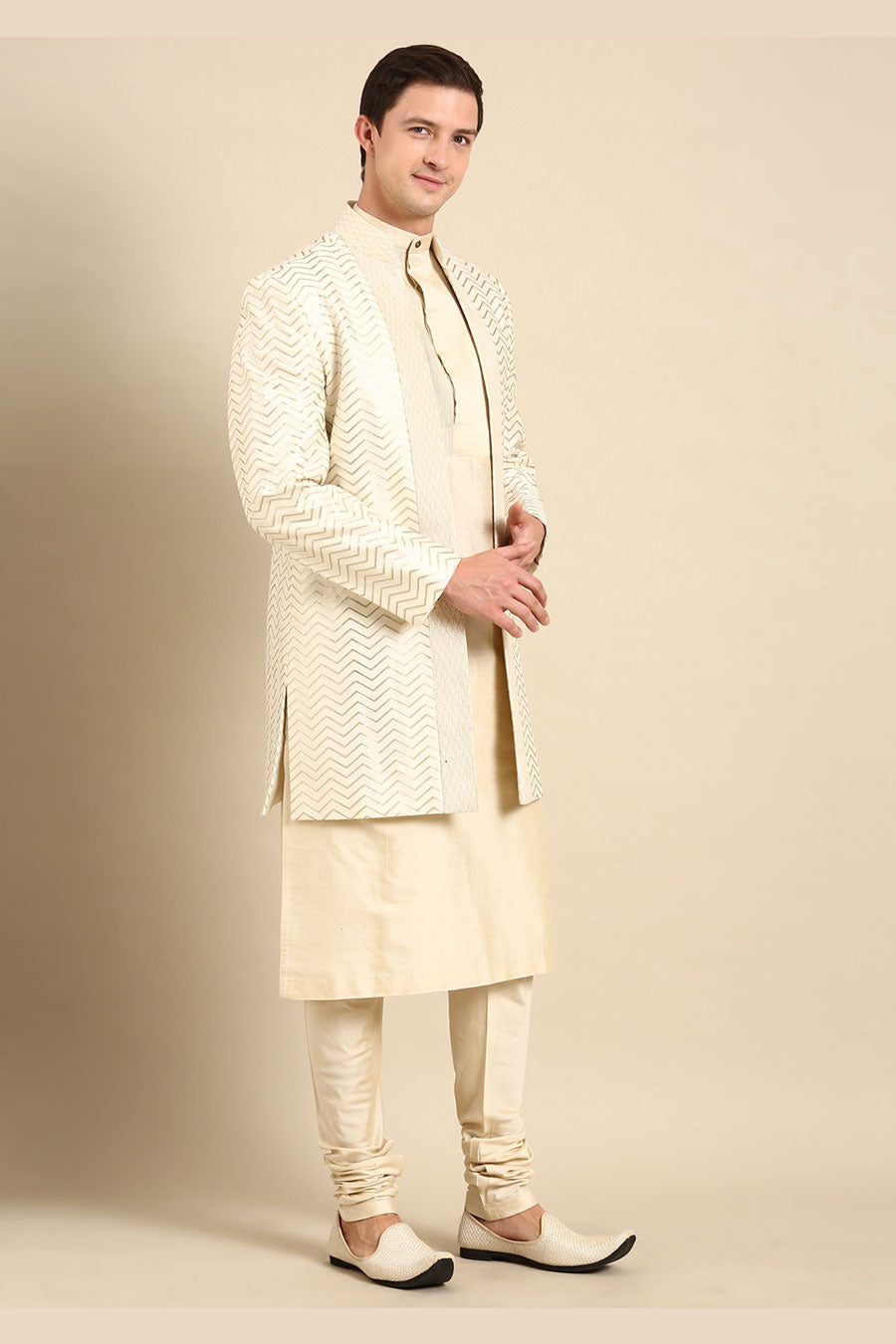 Ivory Chanderi Silk Long Open Jacket