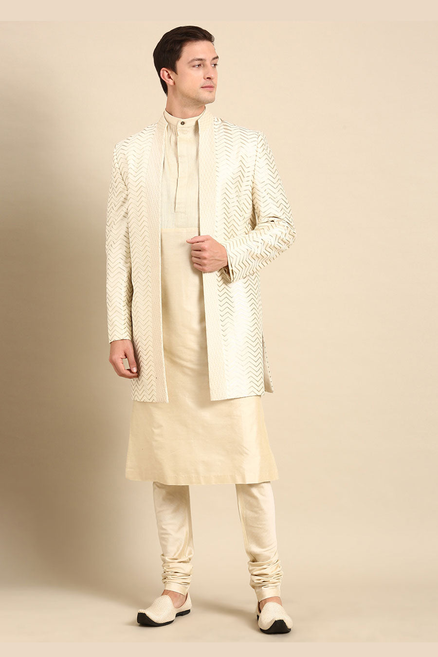 Ivory Chanderi Silk Long Open Jacket