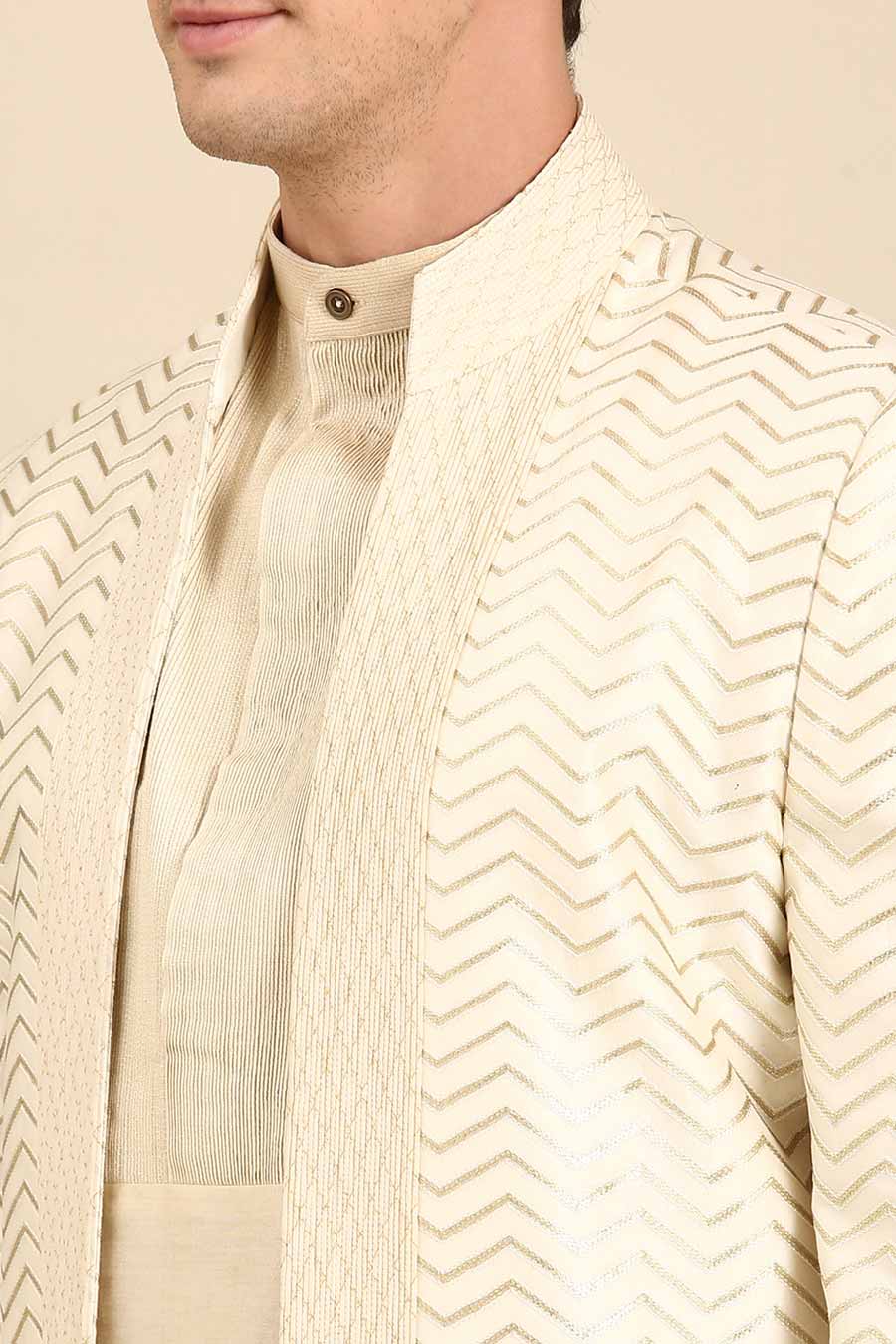 Ivory Chanderi Silk Long Open Jacket