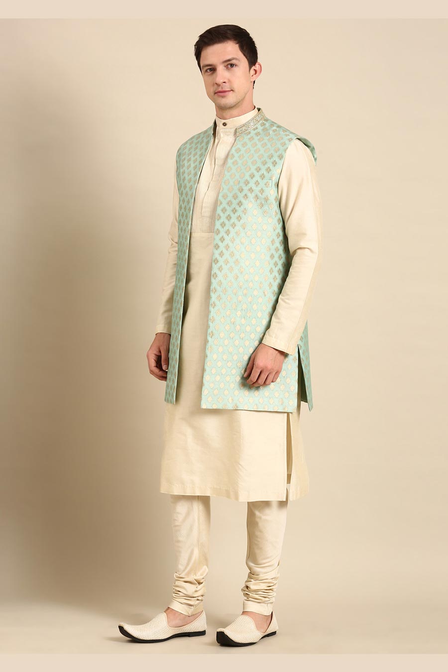 Pista Green Banarasi Silk Jacquard Long Open Jacket