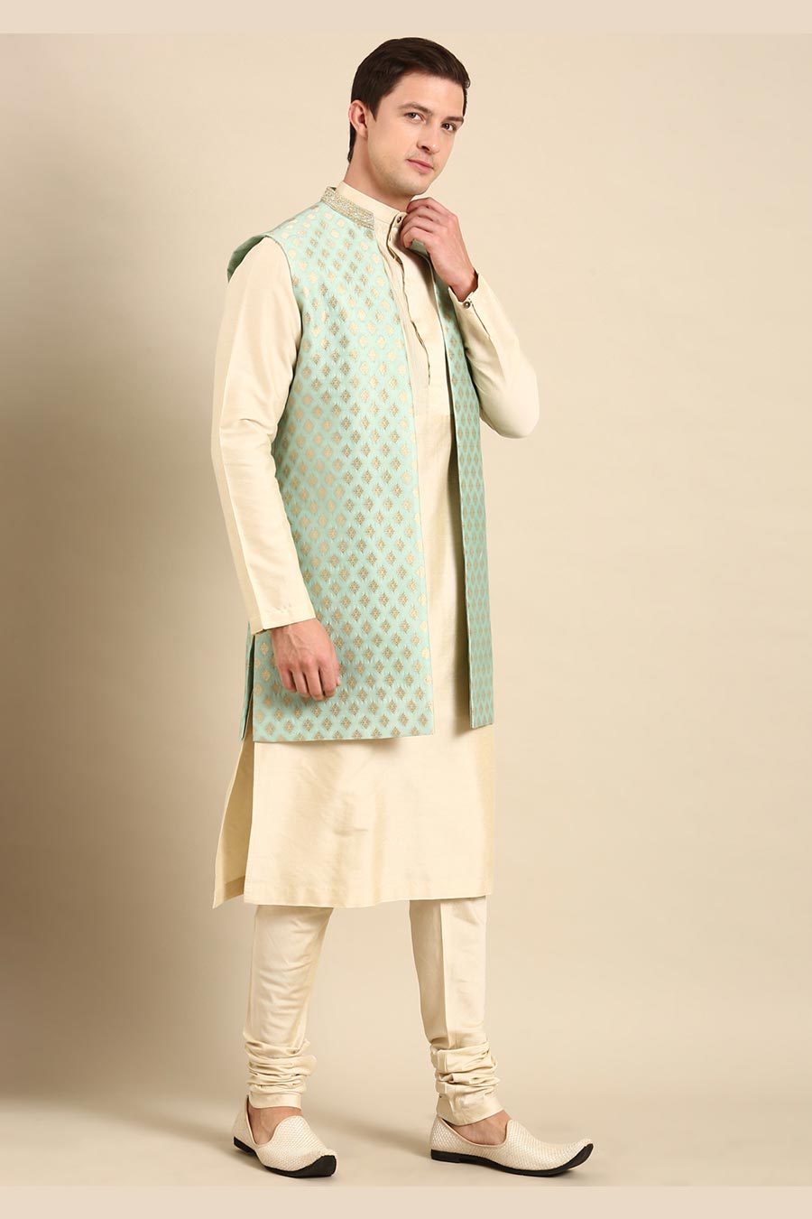 Pista Green Banarasi Silk Jacquard Long Open Jacket