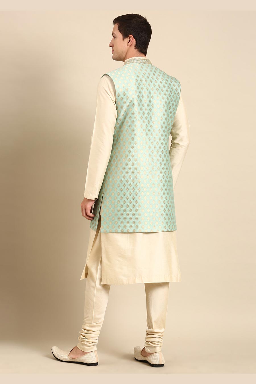 Pista Green Banarasi Silk Jacquard Long Open Jacket