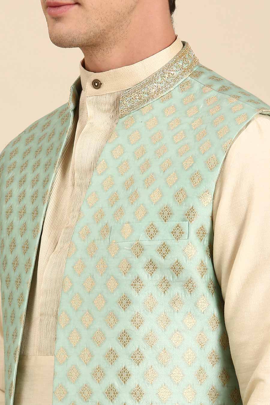Pista Green Banarasi Silk Jacquard Long Open Jacket