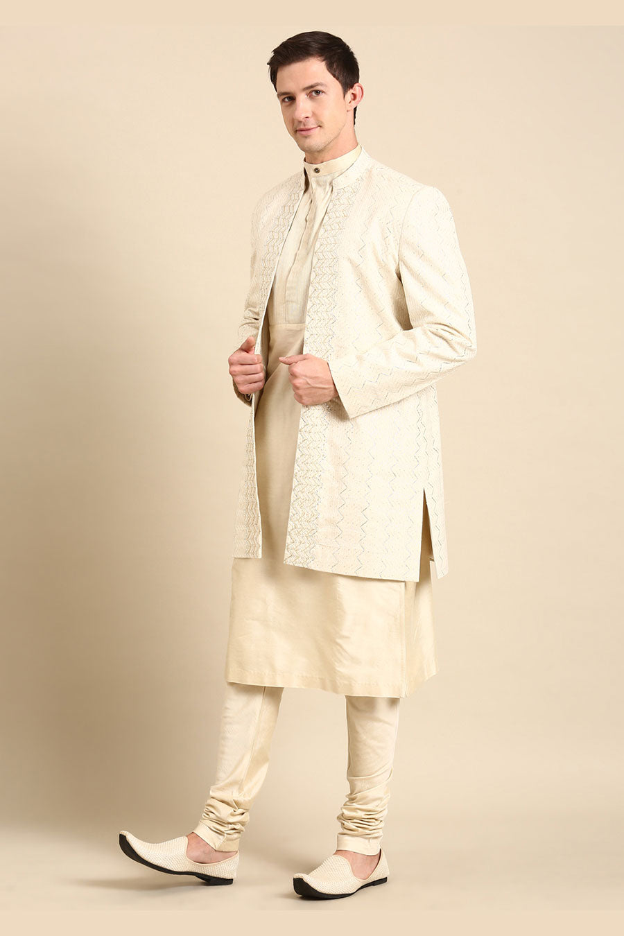 Ivory Silk Jacquard Long Open Jacket