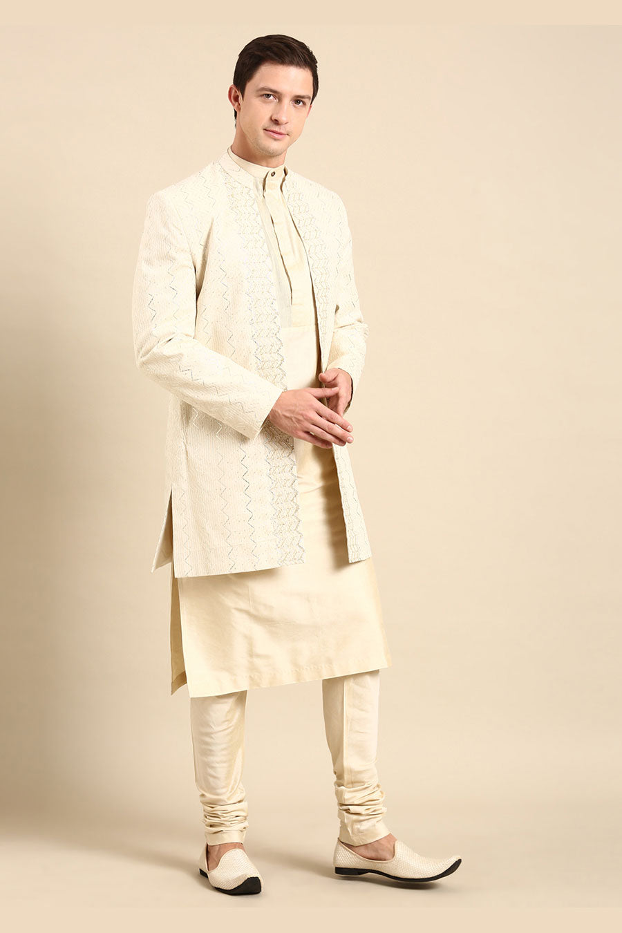 Ivory Silk Jacquard Long Open Jacket