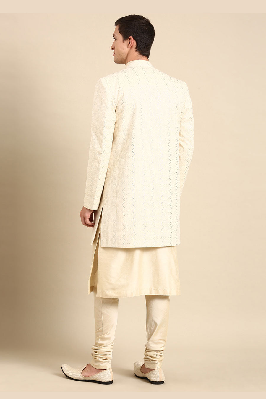 Ivory Silk Jacquard Long Open Jacket