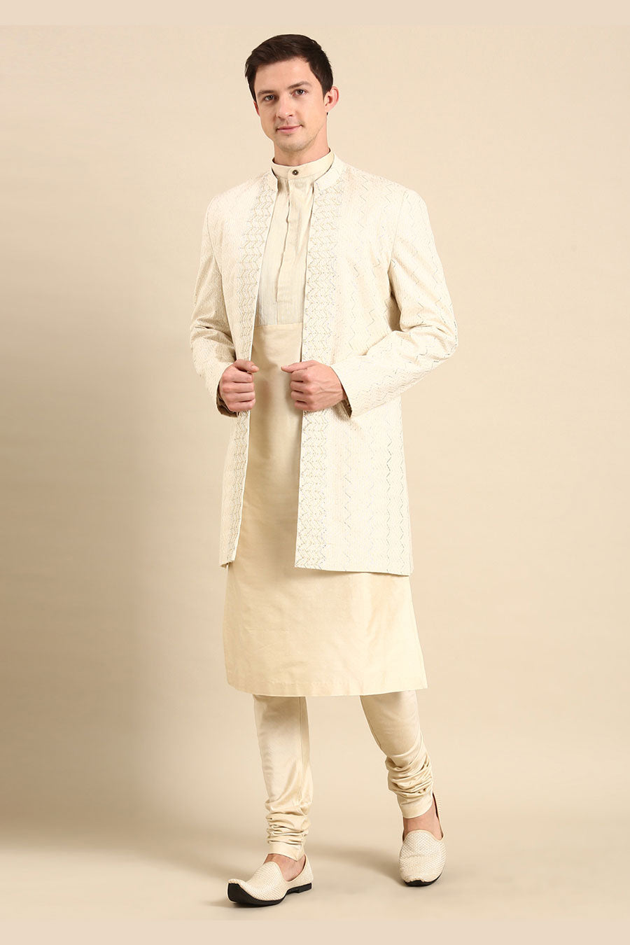Ivory Silk Jacquard Long Open Jacket
