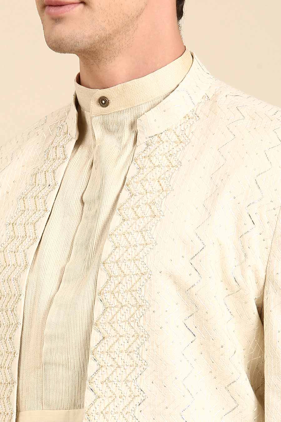 Ivory Silk Jacquard Long Open Jacket