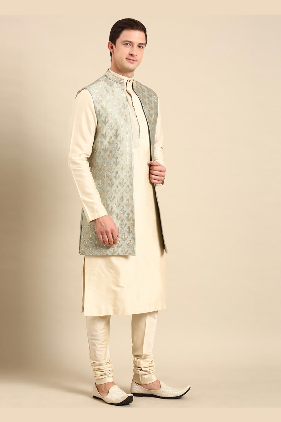 Pista Green Jacquard Long Open Jacket