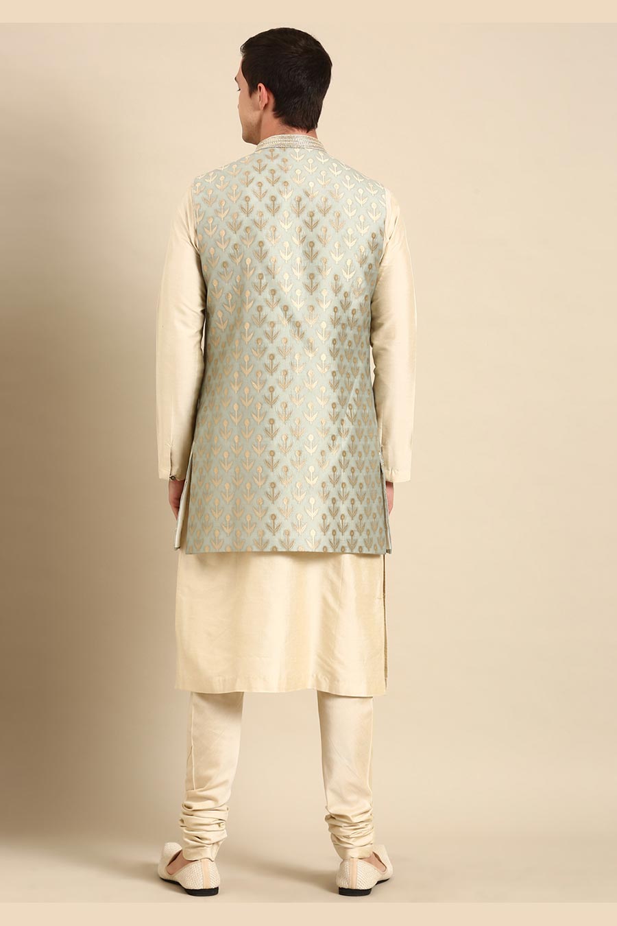 Pista Green Jacquard Long Open Jacket