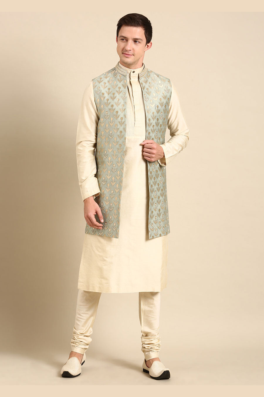 Pista Green Jacquard Long Open Jacket