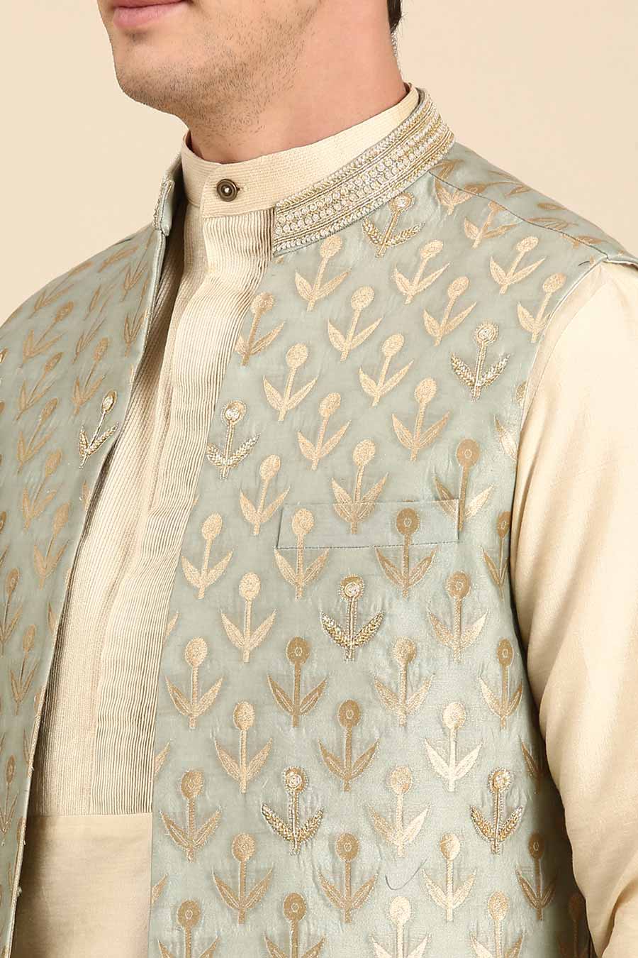 Pista Green Jacquard Long Open Jacket