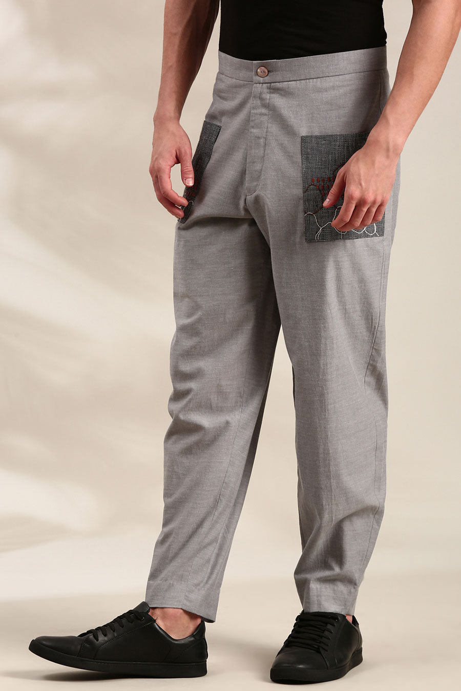 Grey Cotton Embroidered Pocket Pant