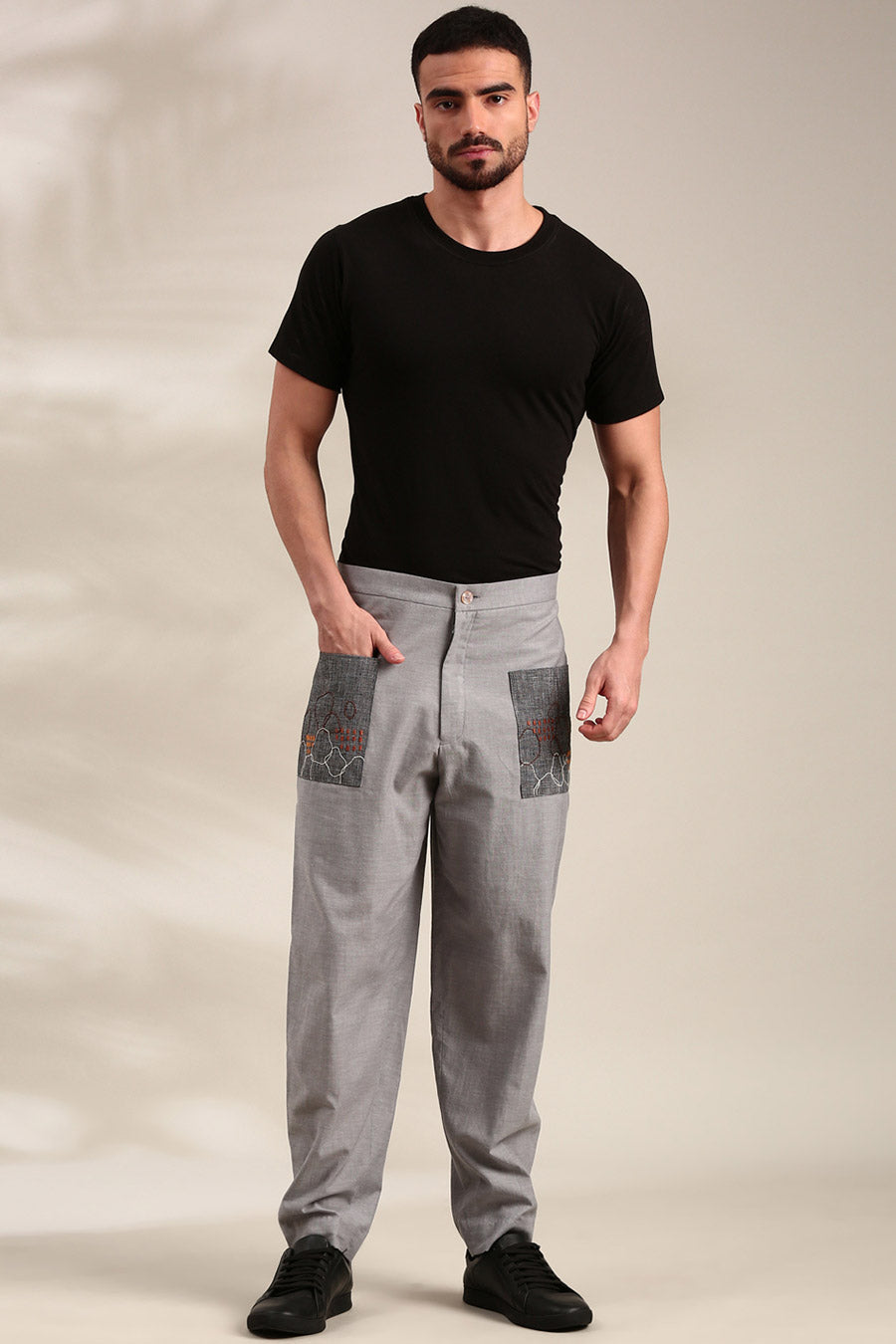 Grey Cotton Embroidered Pocket Pant