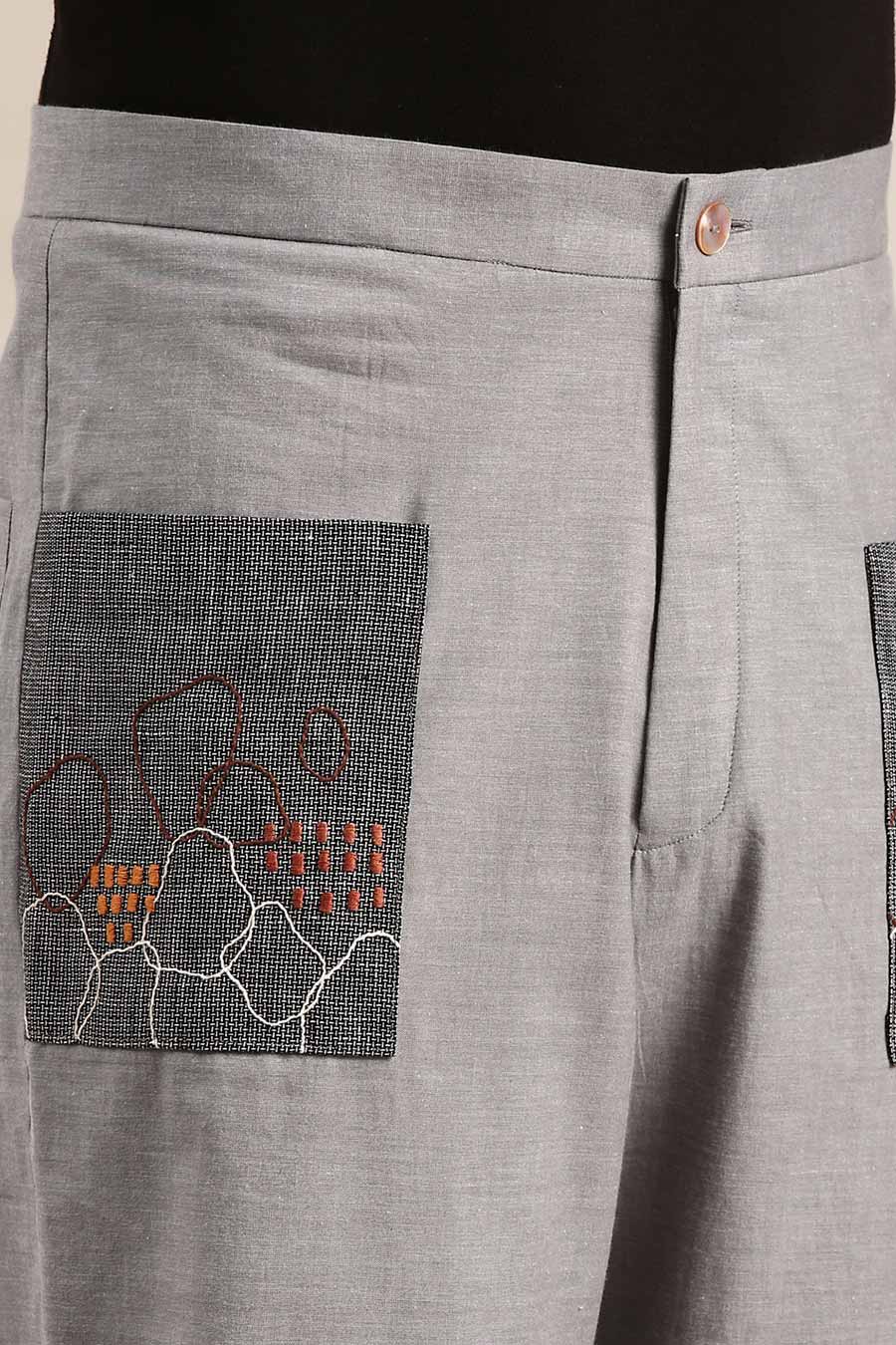 Grey Cotton Embroidered Pocket Pant
