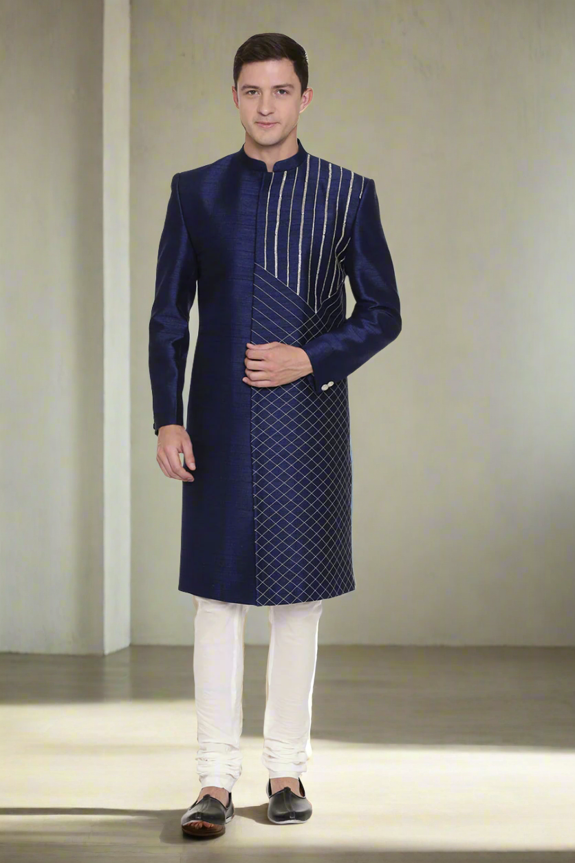 Navy Blue Embroidered Sherwani Set