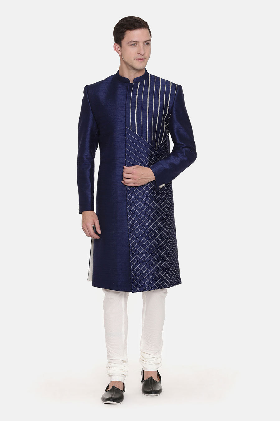 Navy Blue Embroidered Sherwani Set