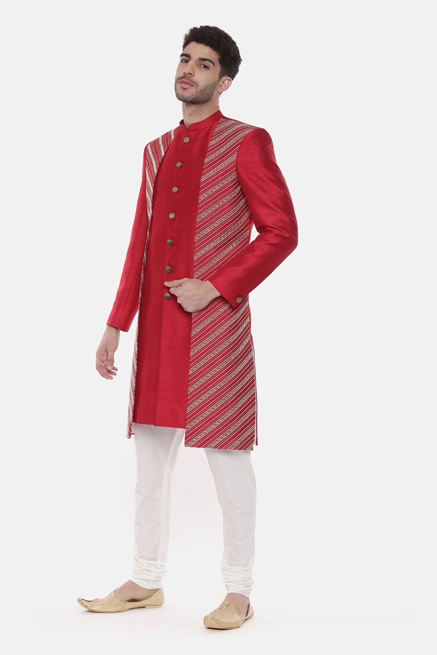 Red Double-Layer Embroireded Sherwani Set