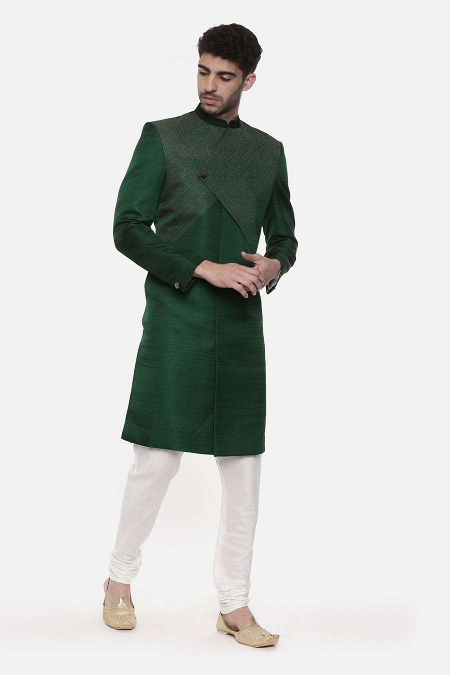 Green Stitch Detailed Sherwani Set