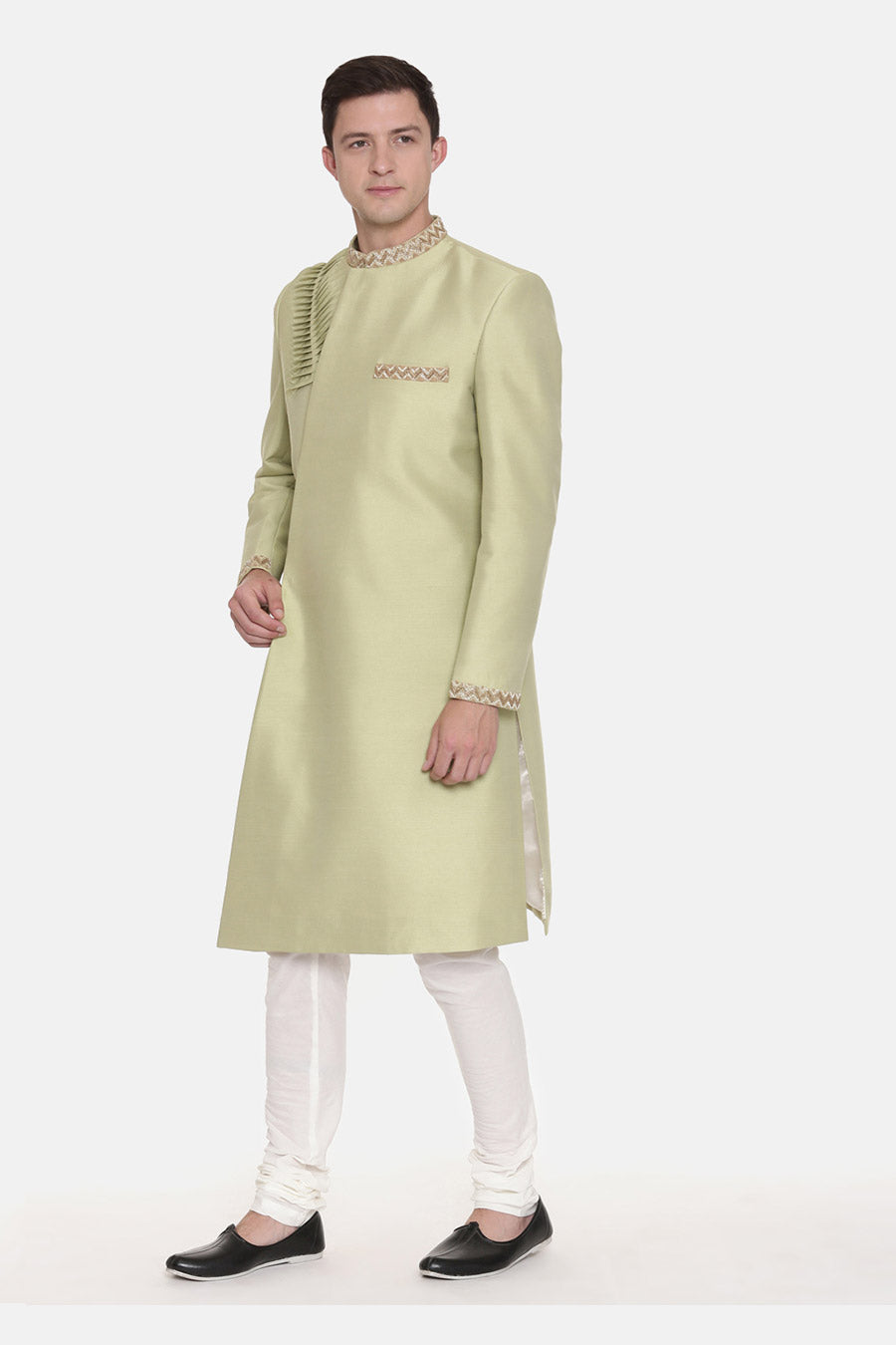Pista Green Pleated Sherwani Set