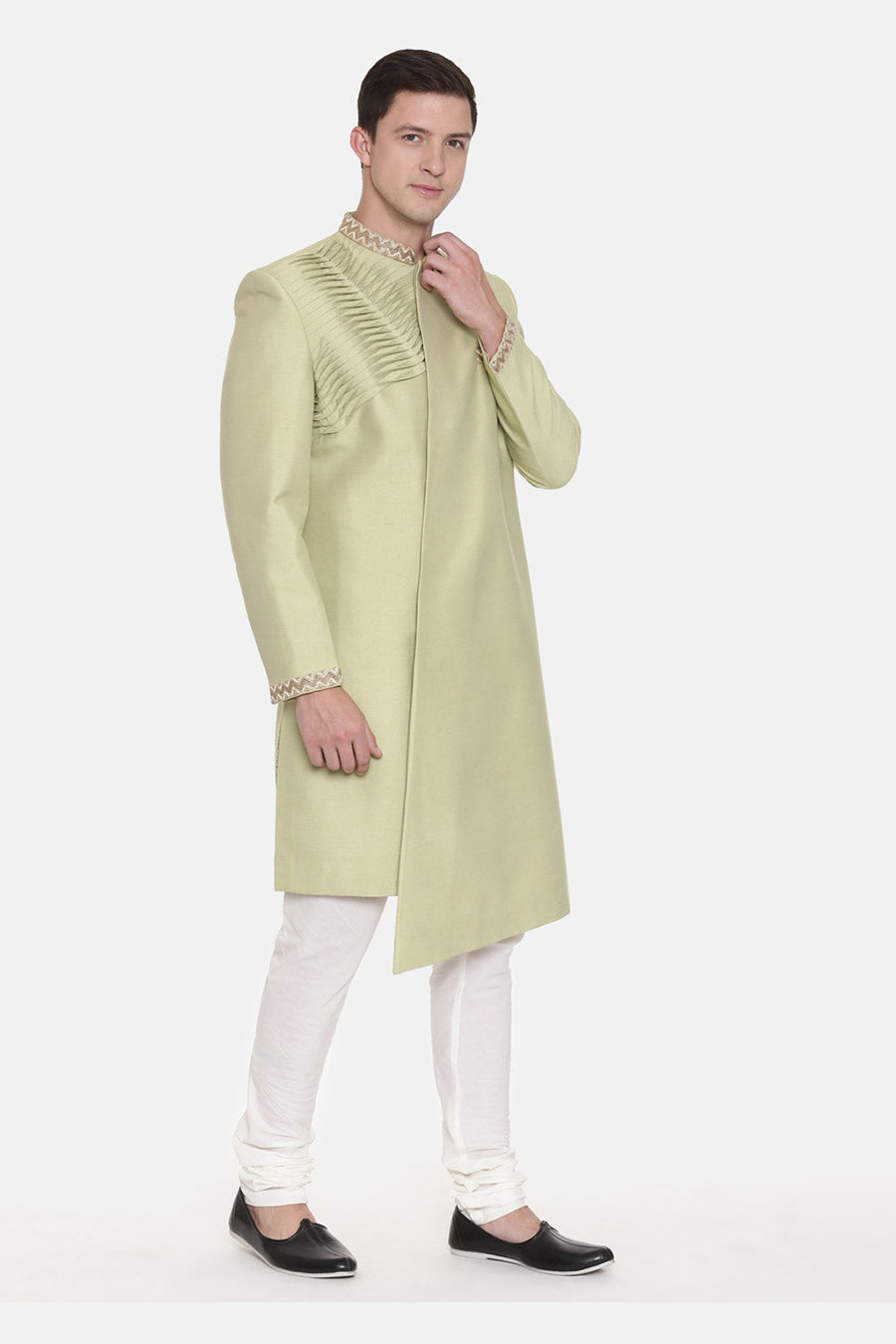 Pista Green Pleated Sherwani Set