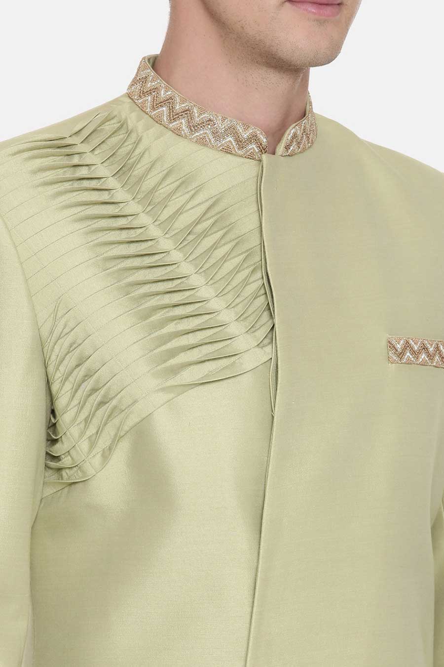 Pista Green Pleated Sherwani Set