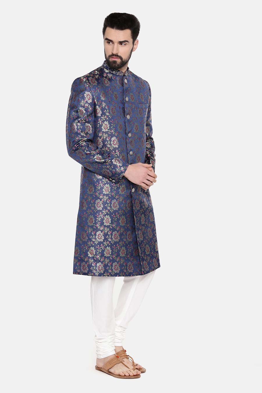 Blue Banaras Brocade Sherwani Set