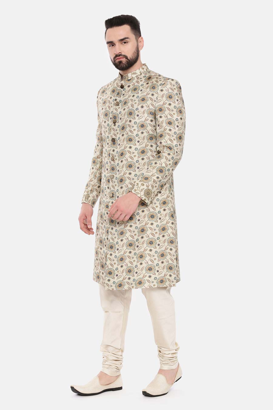 Beige Printed Sherwani Set