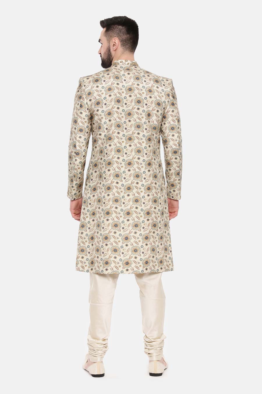 Beige Printed Sherwani Set