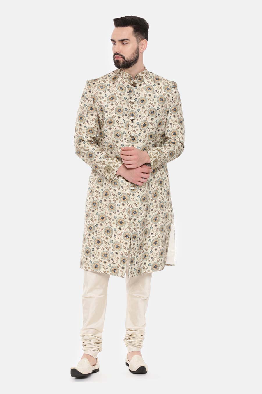 Beige Printed Sherwani Set