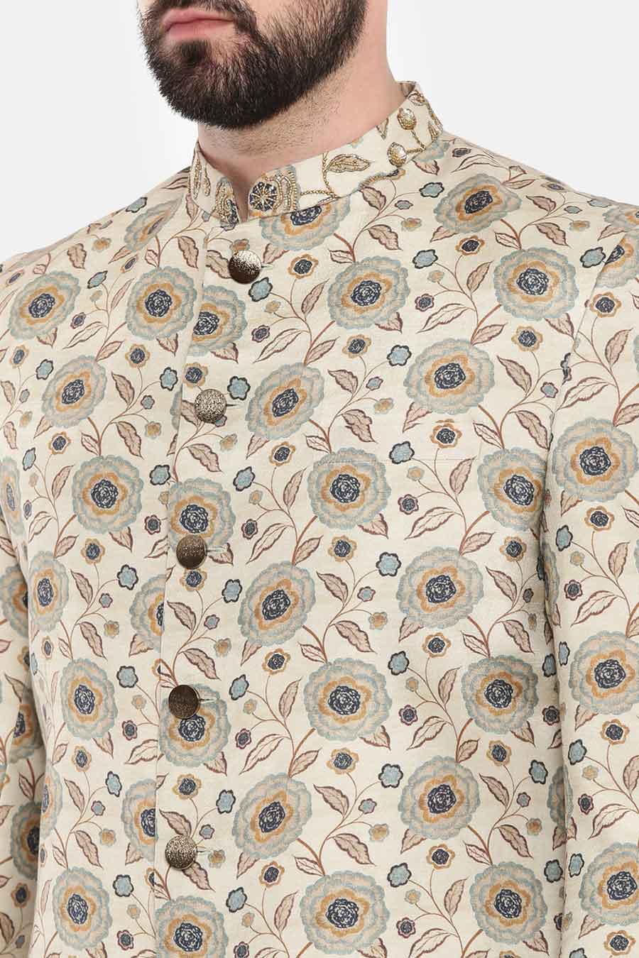 Beige Printed Sherwani Set