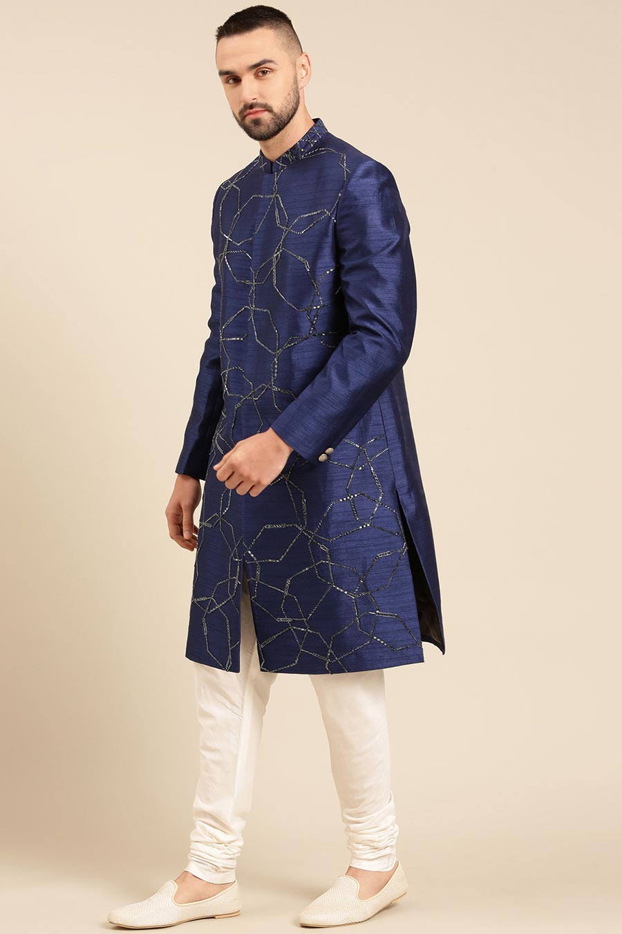 Blue Hand-Embroidered Sherwani Set