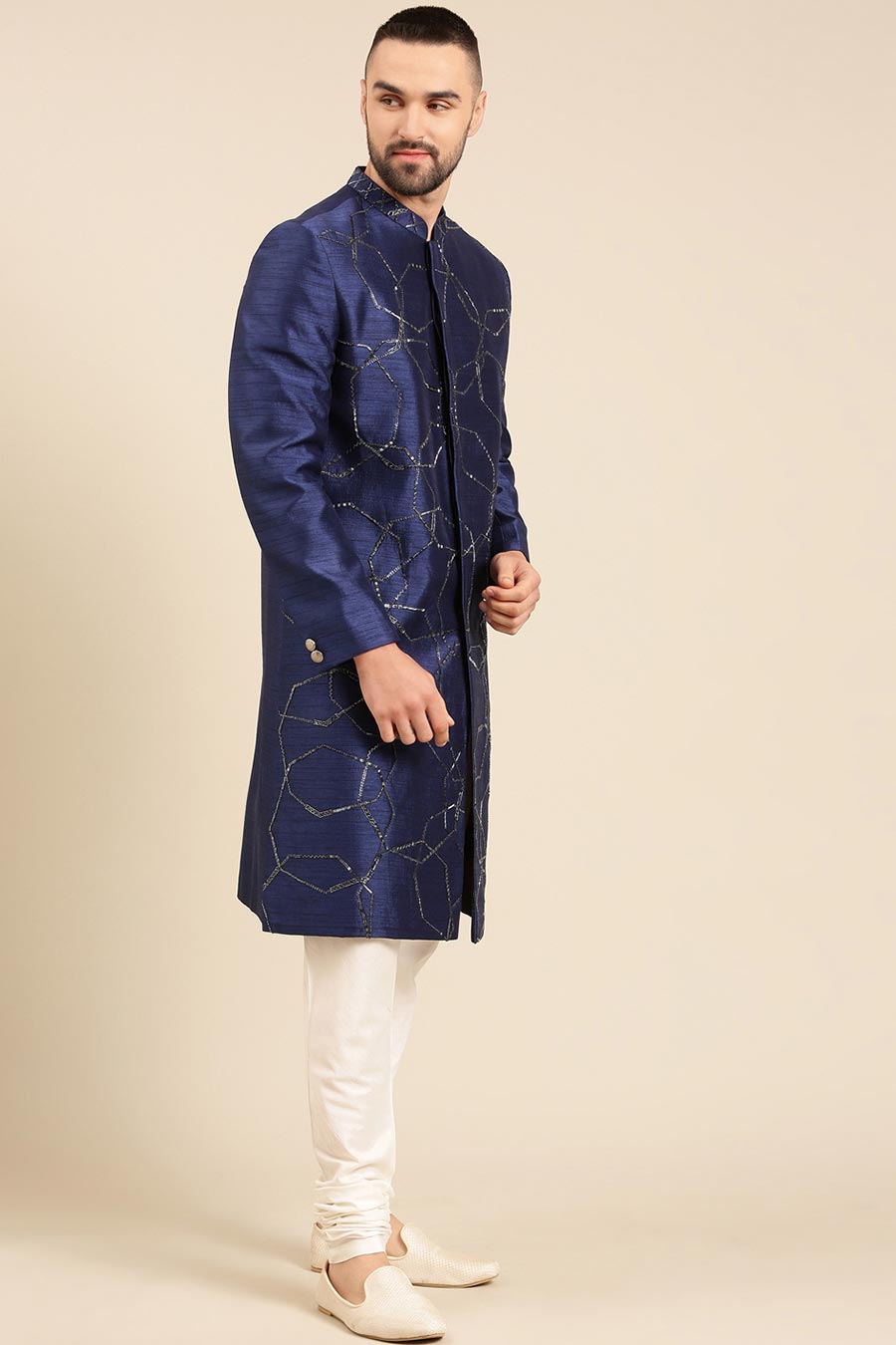 Blue Hand-Embroidered Sherwani Set