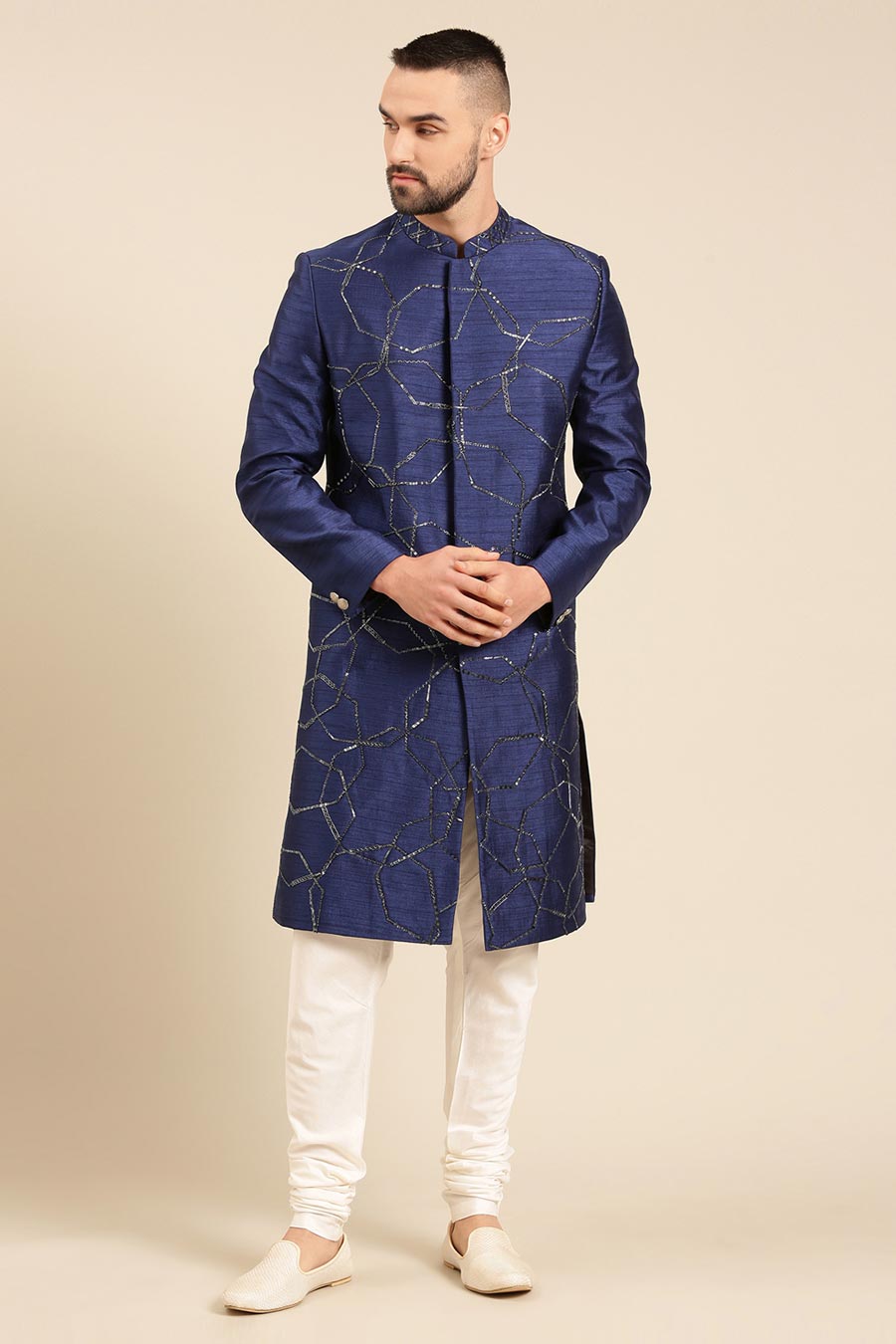 Blue Hand-Embroidered Sherwani Set