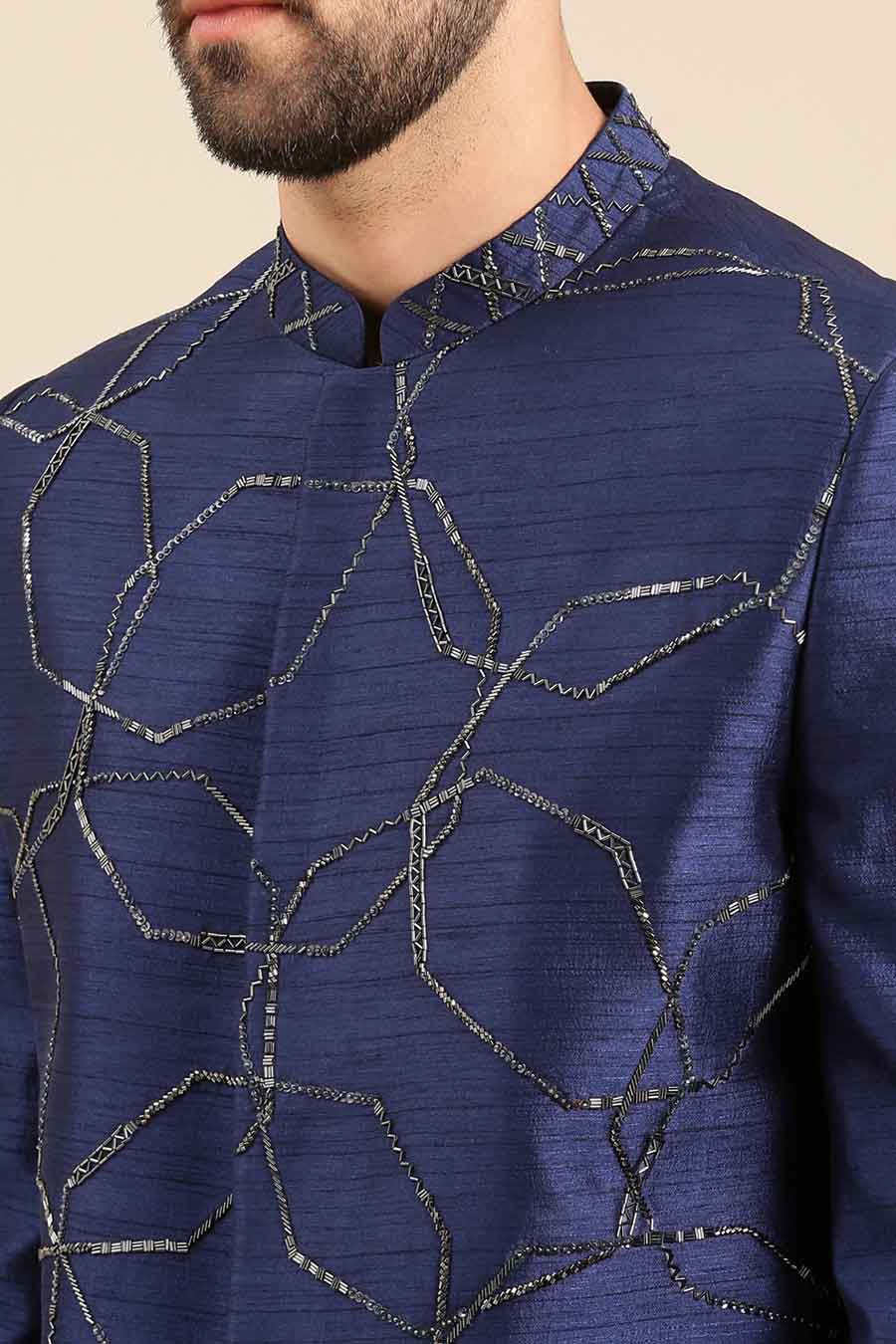 Blue Hand-Embroidered Sherwani Set