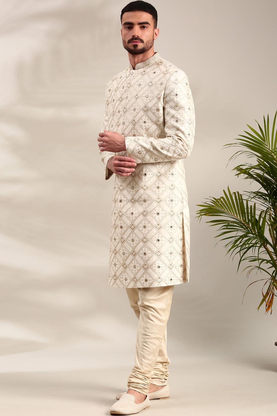 Ivory Chanderi Embroidered Sherwani Set
