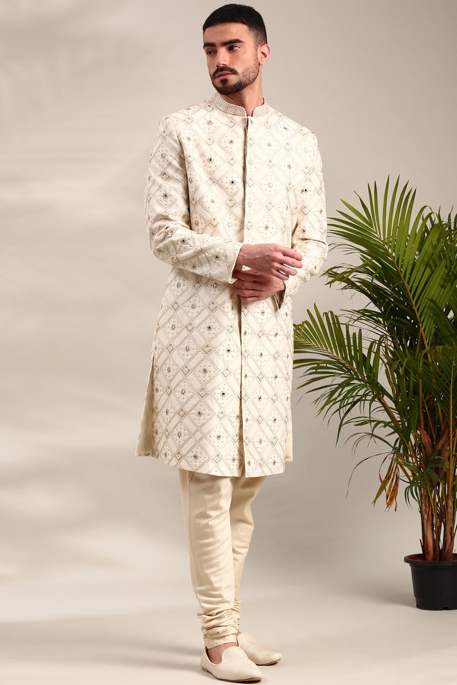 Ivory Chanderi Embroidered Sherwani Set