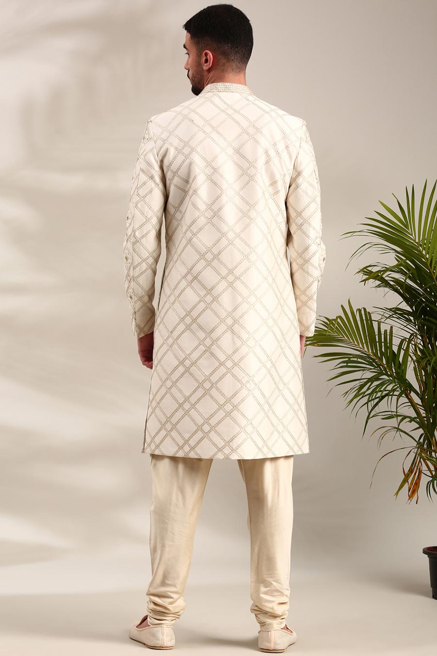 Ivory Chanderi Embroidered Sherwani Set