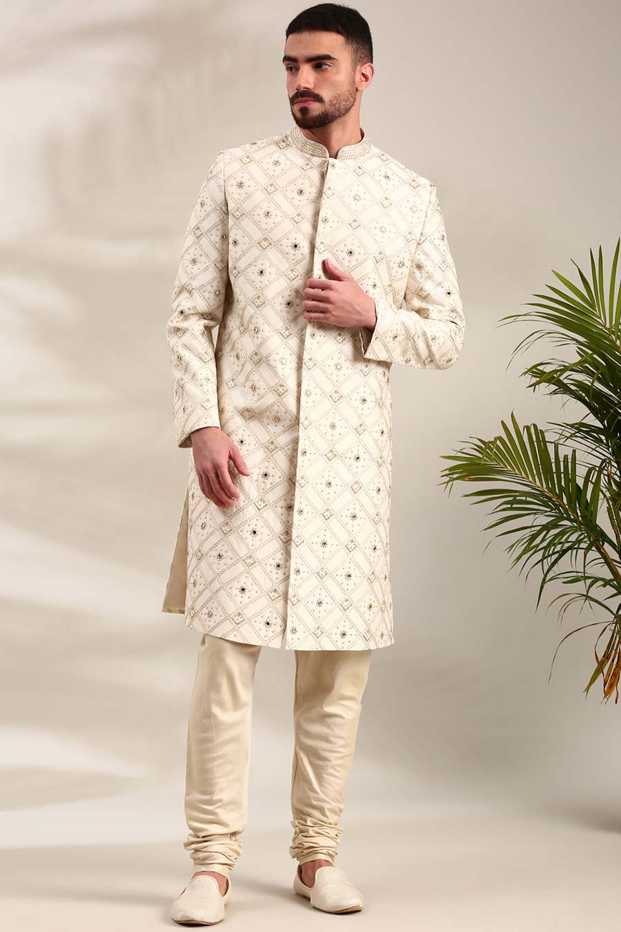 Ivory Chanderi Embroidered Sherwani Set