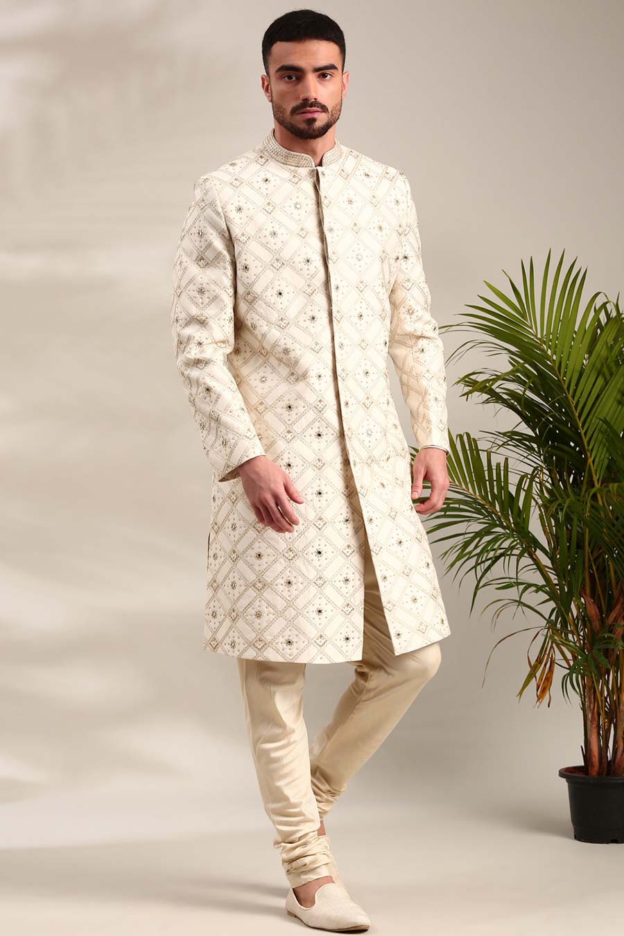 Ivory Chanderi Embroidered Sherwani Set
